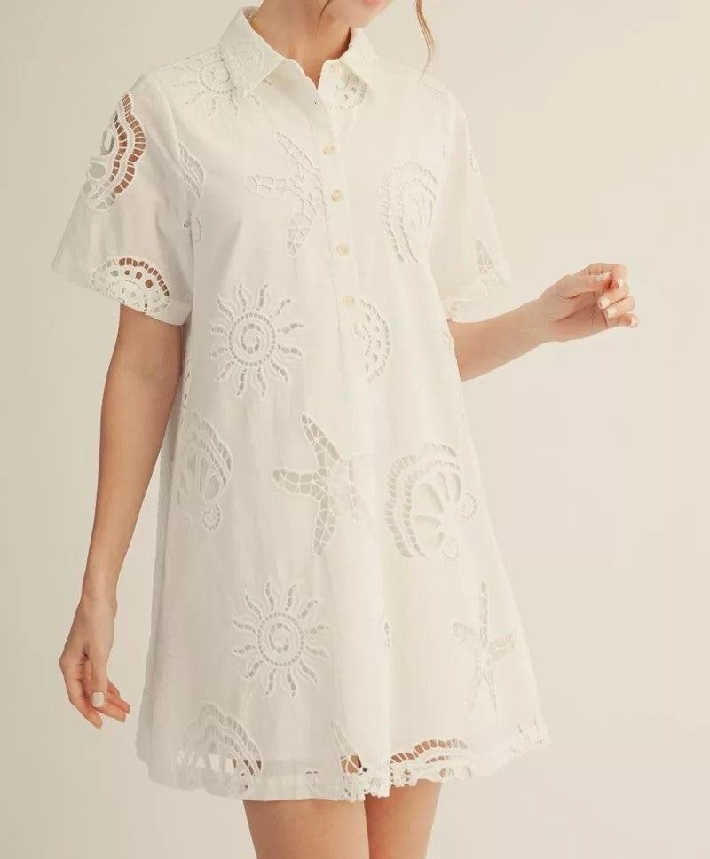 OFF WHITE BEACHY EYELET PLEAT DETAIL QUARTER BUTTON UP MINI DRESS