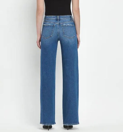 SECURE MEDIUM DARK WASH MID RISE FULL LENGTH WIDE LEG JEANS