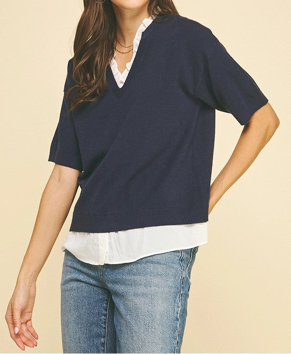 NAVY MIXED MEDIA LAYERED KNIT TOP