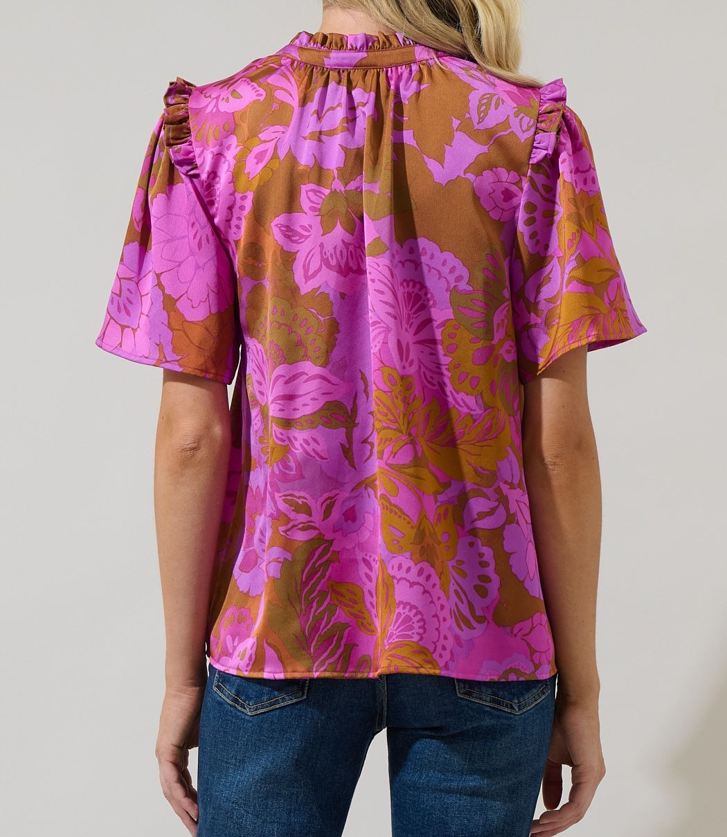 RUST/MAGENTA FLORAL SPLIT NECK SATIN TOP