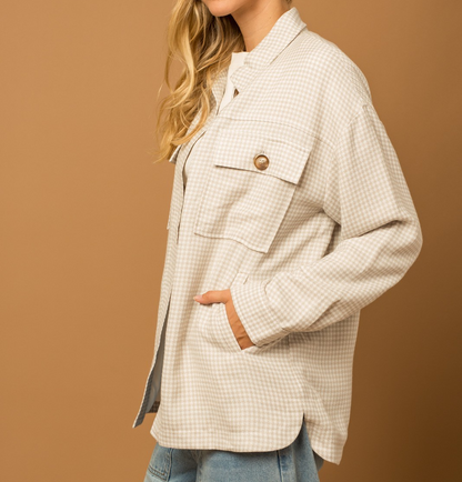 WHITE/TAUPE GINGHAM POCKET DETAIL OVERSIZED JACKET