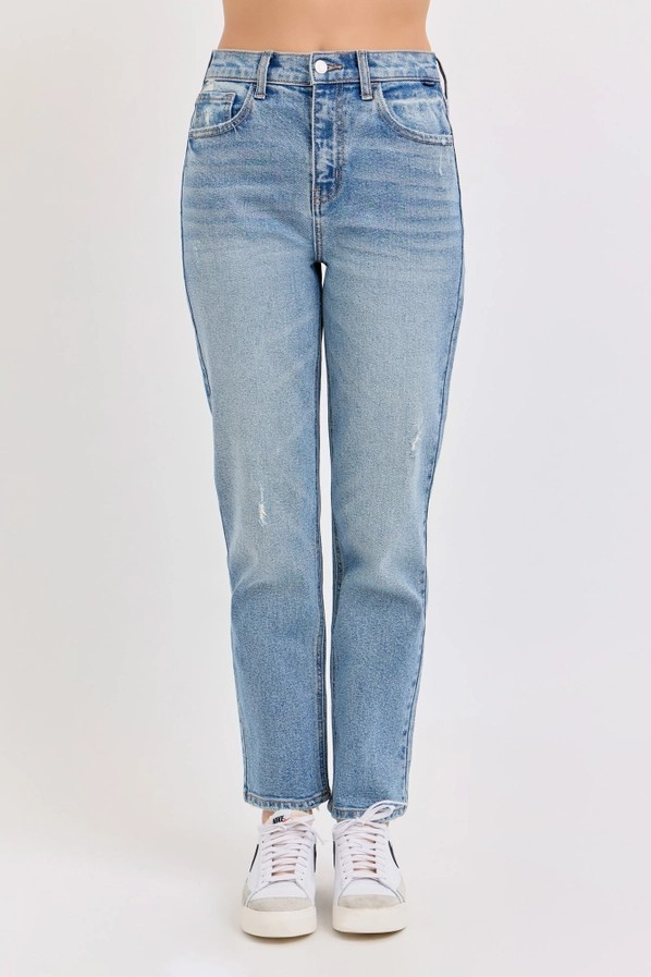 MEDIUM DENIM HIGH RISE STRAIGHT LEG JEAN