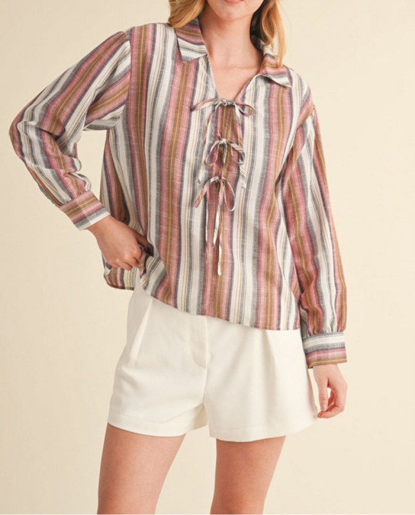 TOFFEE STRIPED BOW TIE CLOSURE LONG SLEEVE TOP
