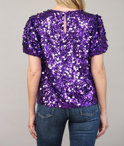 PURPLE SEQUIN EMBELLISHED SHORT PUFF SLEEVE TOP