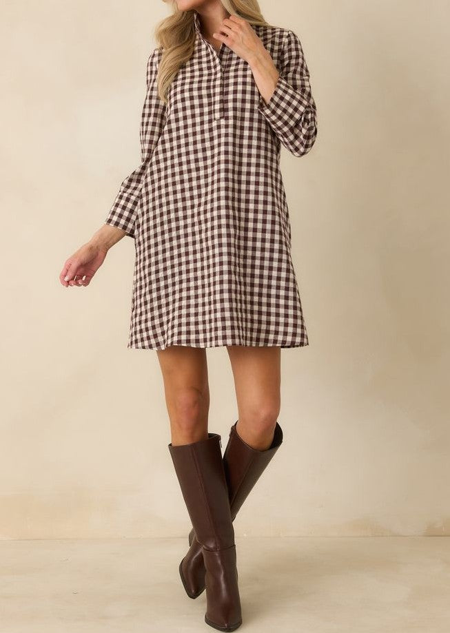 BROWN GINGHAM 3/4 SLEEVE SAVOY SHIFT MINI DRESS