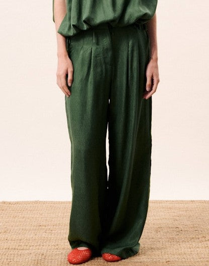 GREEN FLOWY WIDE LEG WAIST TIE LUCINA PANTS
