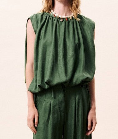 GREEN GATHERED NECK WAIST TIE SLEEVELESS ARGO TOP