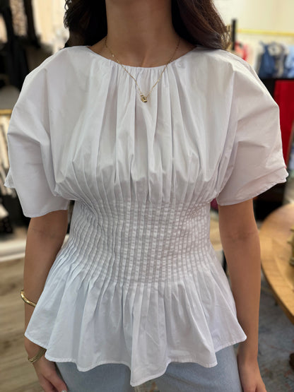 WHITE PLEATED WAIST PEPLUM TOP