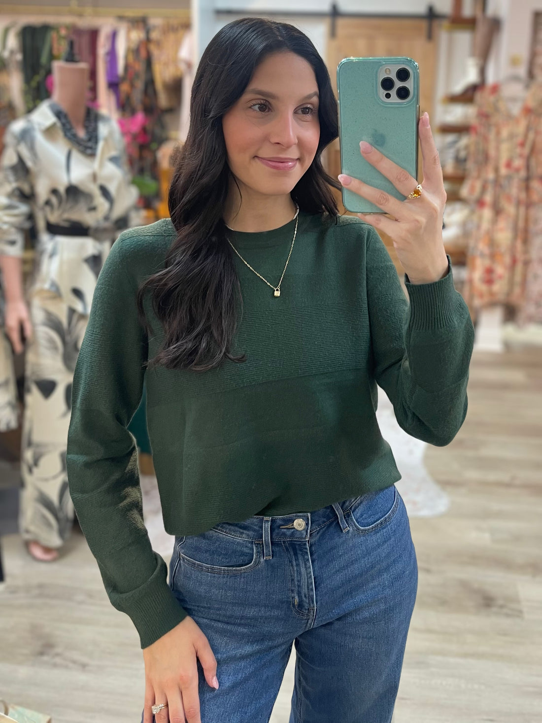 FOREST GREEN TEXTURE STRIPED LONG SLEEVE PULLOVER SWEATER