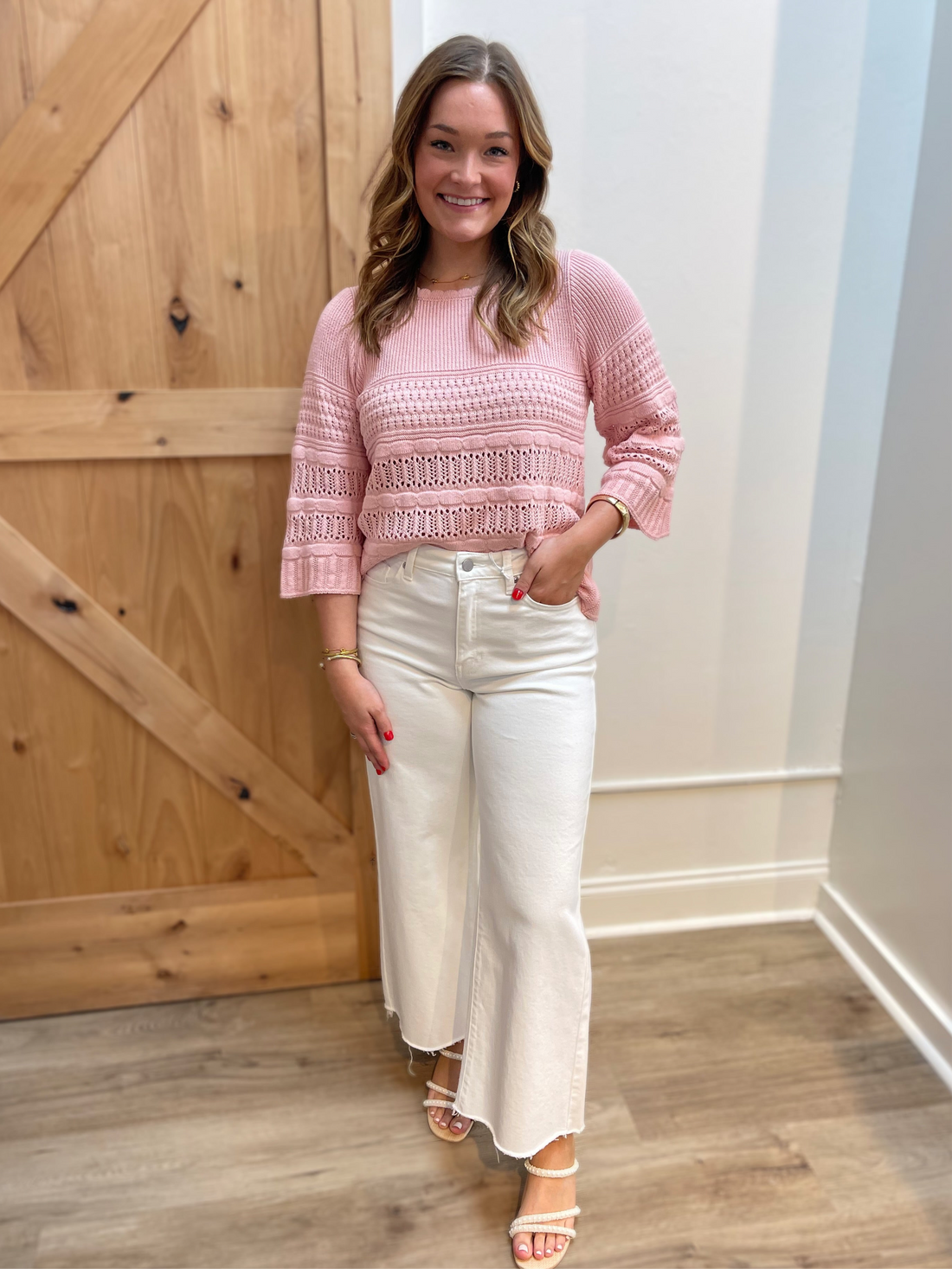 BLUSH 3/4 SLEEVE CROCHET KNIT SWEATER TOP