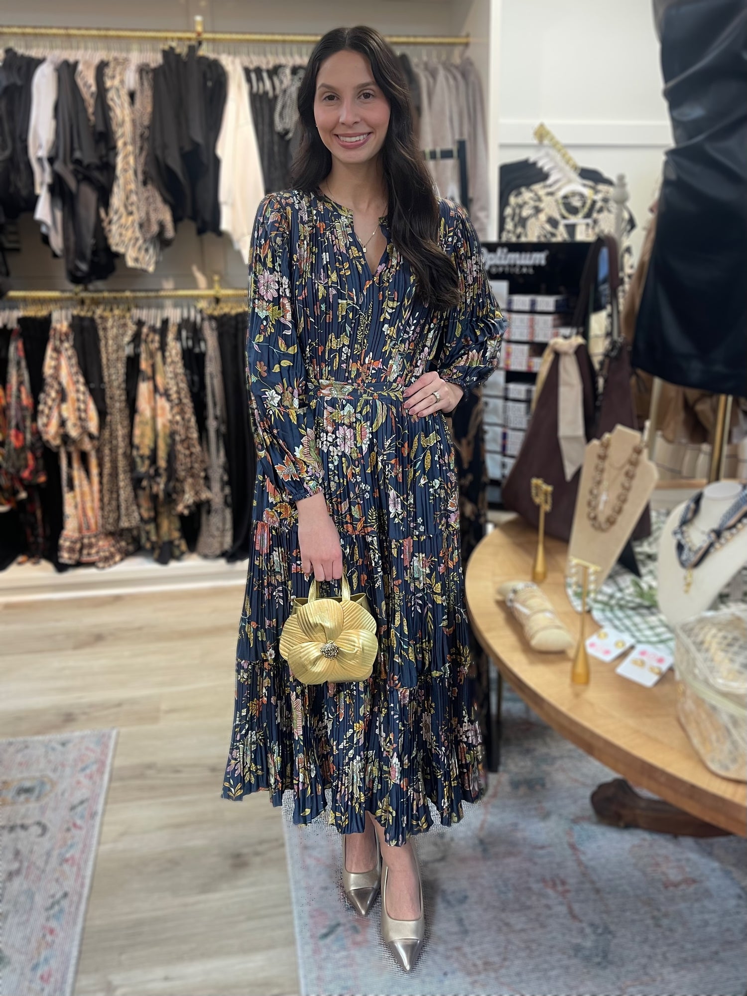 NAVY MUTLI FLORAL PRINT PLEATED LONG SLEEVE MIDI DRESS