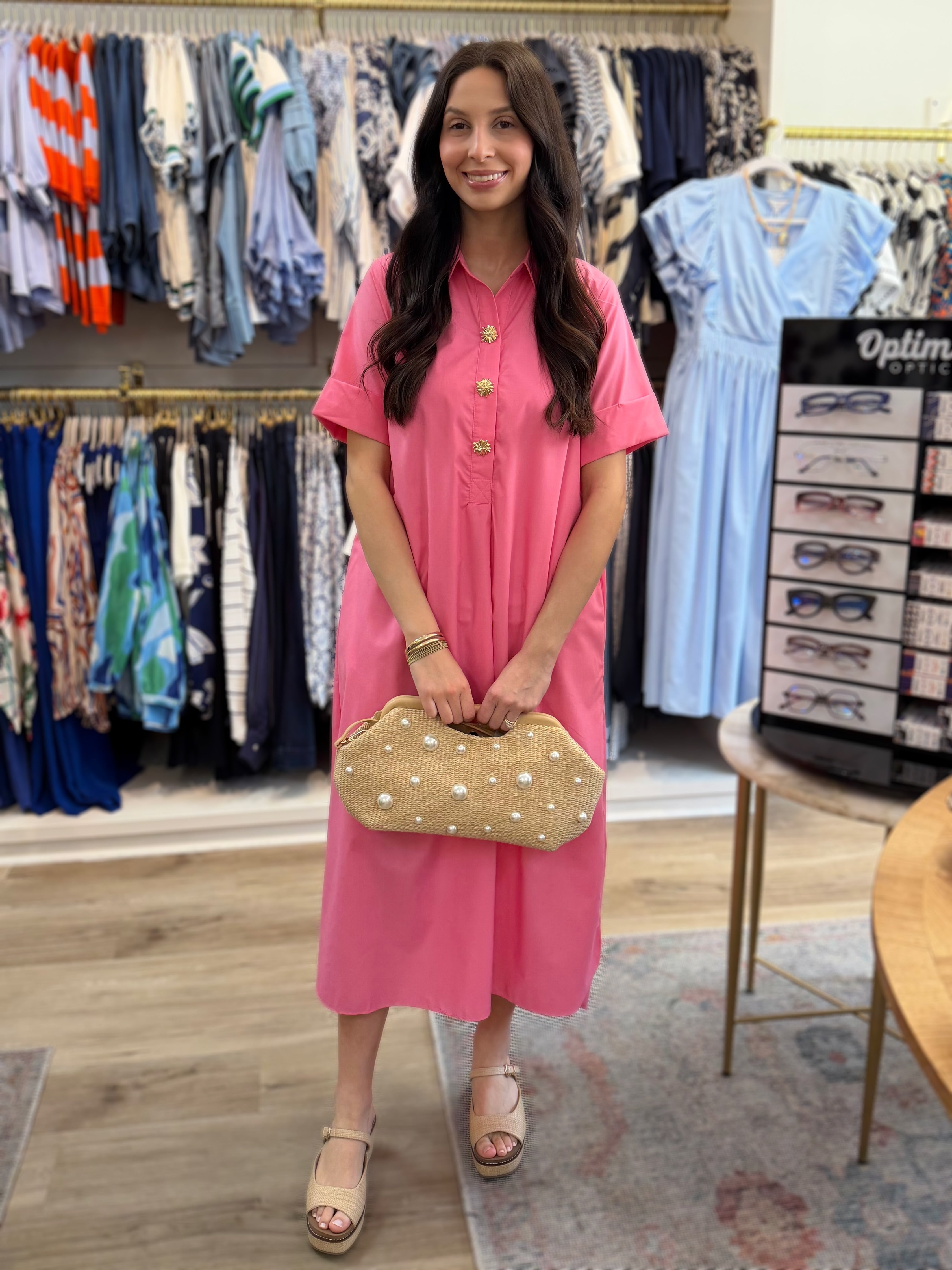 PINK COLLARED GOLD SNAP BUTTON MAXI DRESS
