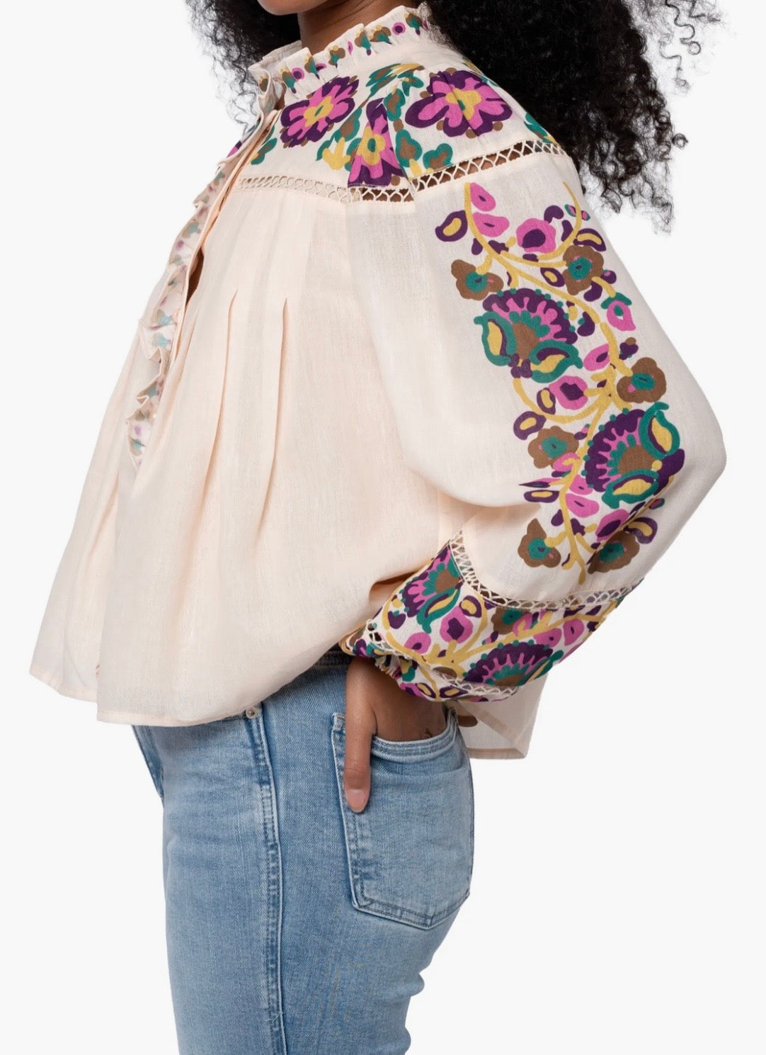 CREAM MULTI FLORAL PRINT LADDER TRIM RUFFLED PLACKET LONG SLEEVE ISME BLOUSE