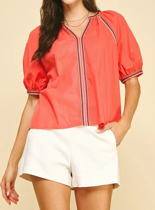 TOMATO RED CONTRAST STITCH DETAIL SHORT BALLOON SLEEVE TOP
