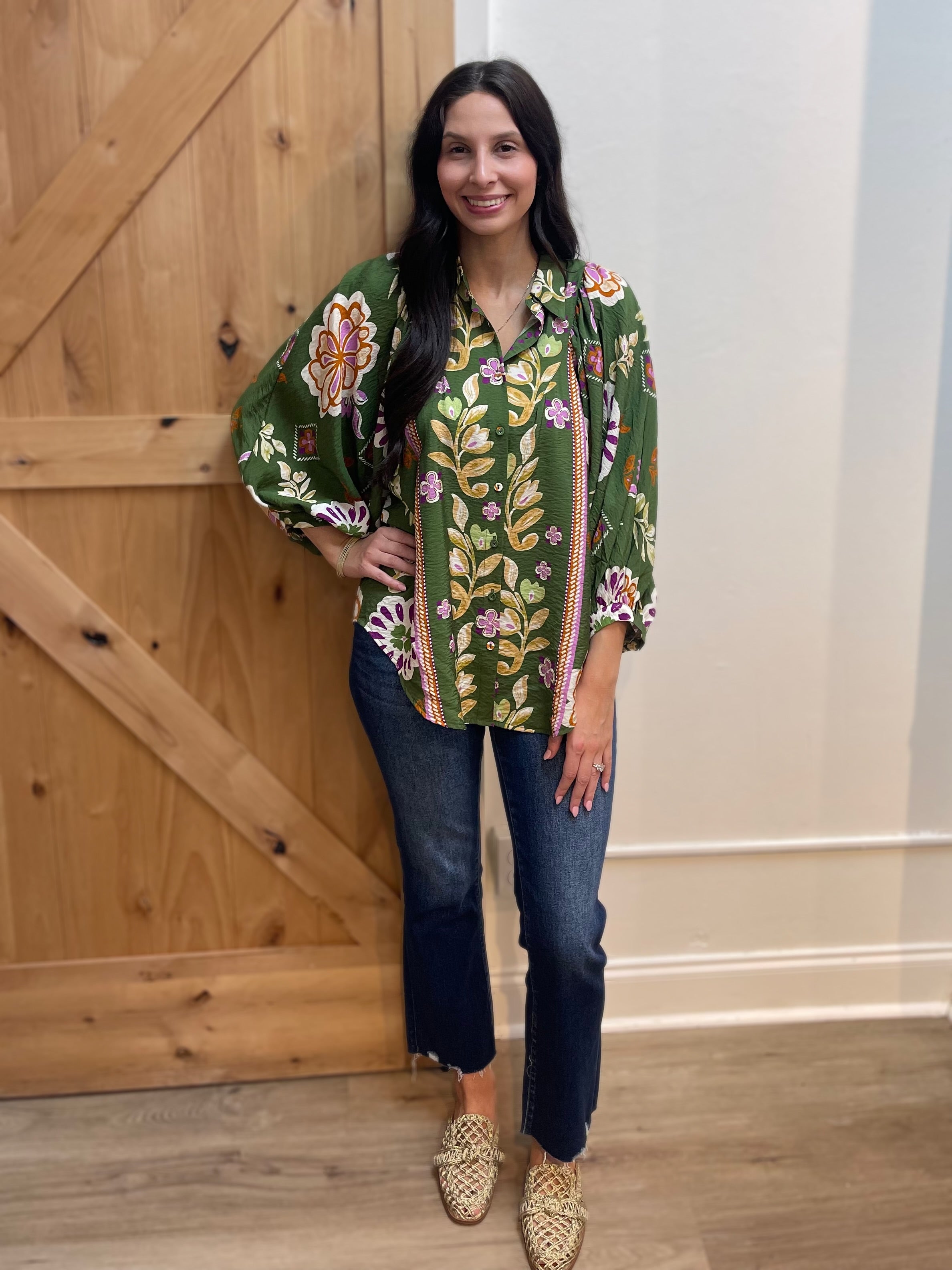 OLIVE MULTI FLORAL PRINT LONG SLEEVE BUTTON UP BLOUSE