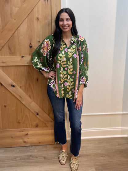 OLIVE MULTI FLORAL PRINT LONG SLEEVE BUTTON UP BLOUSE
