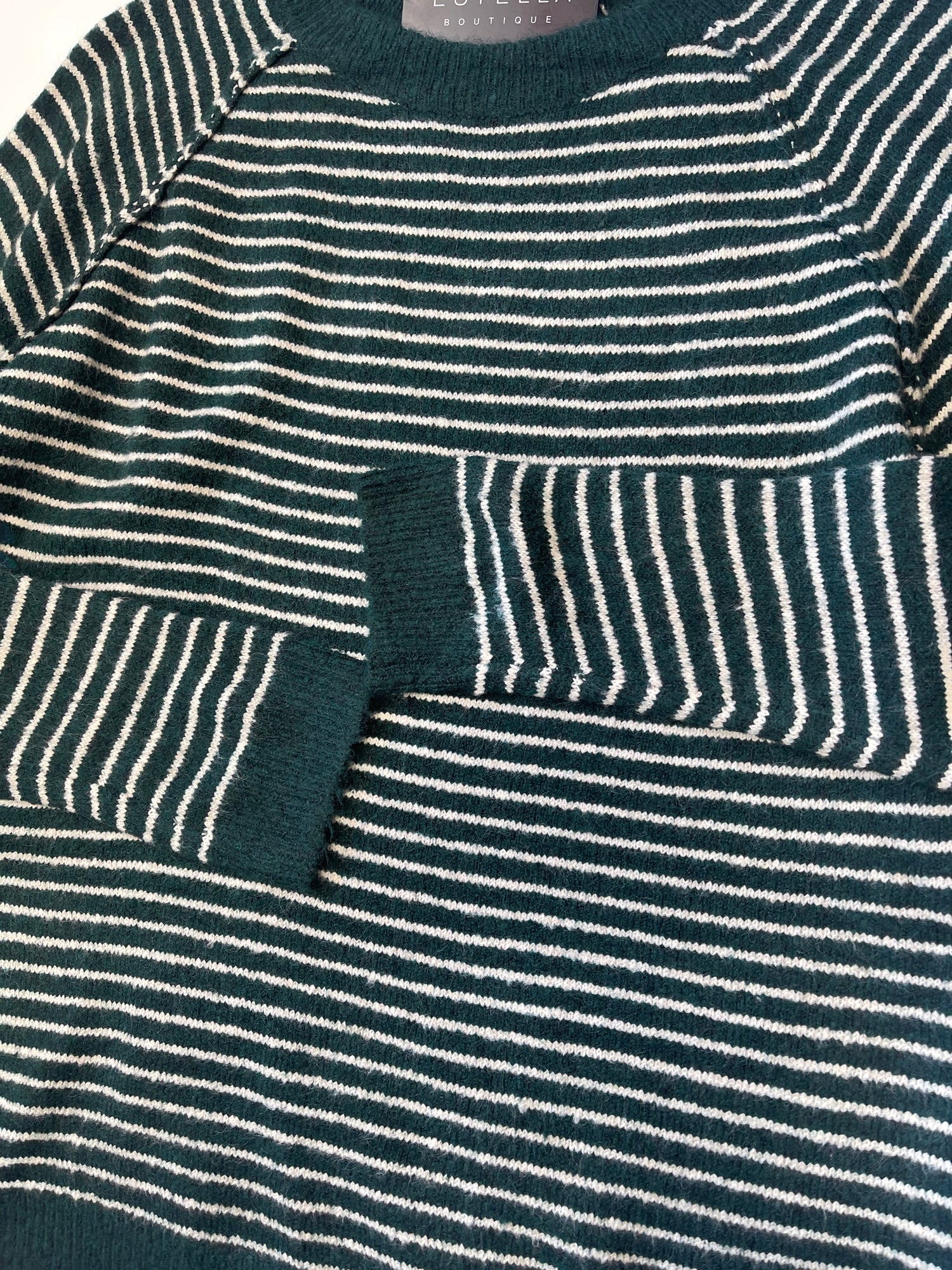 FOREST GREEN STRIPED CREW NECK LONG SLEEVE PULLOVER SWEATER