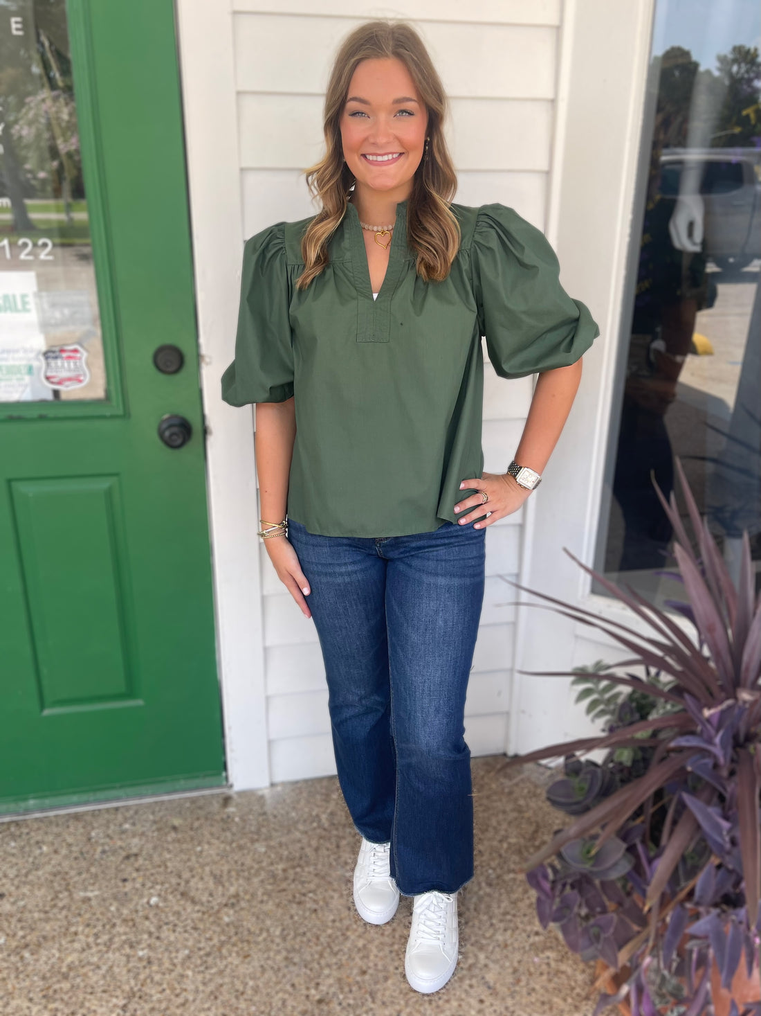 OLIVE MANDARIAN COLLAR VNECK BUBBLE SLEEVE POPLIN TOP
