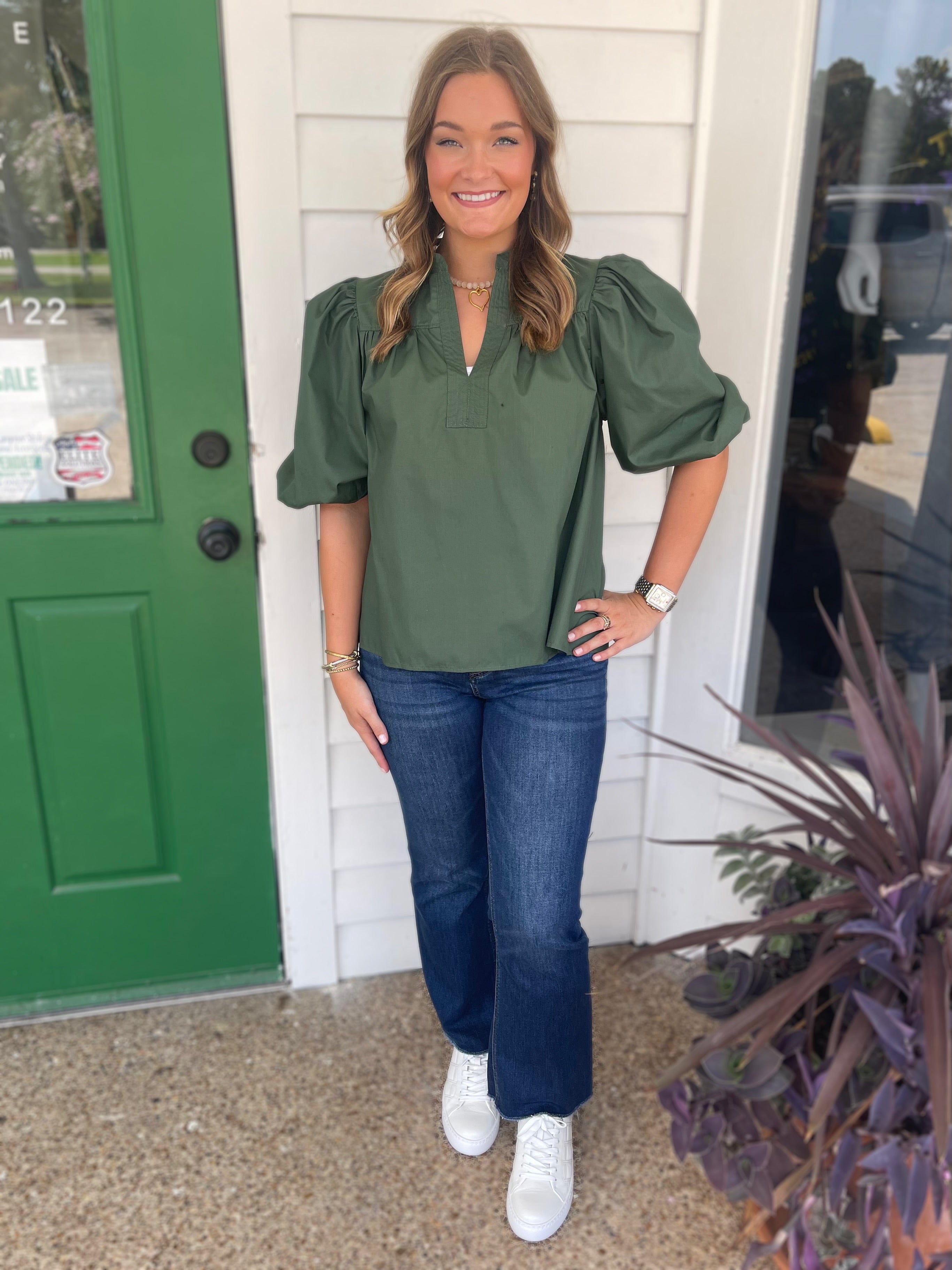 OLIVE MANDARIAN COLLAR VNECK BUBBLE SLEEVE POPLIN TOP