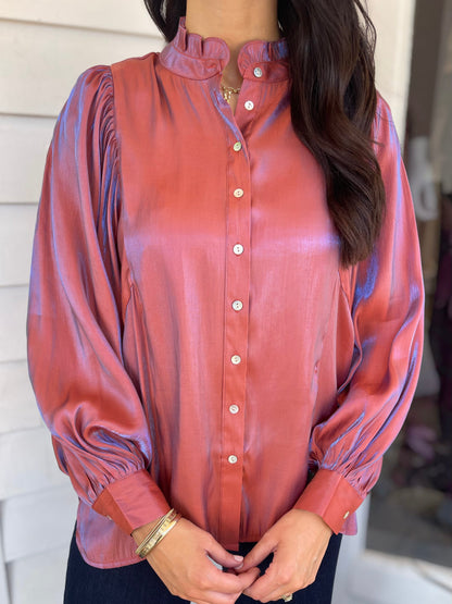 REFLECTIVE RUST BUTTON UP LONG BATWING SLEEVE TOP