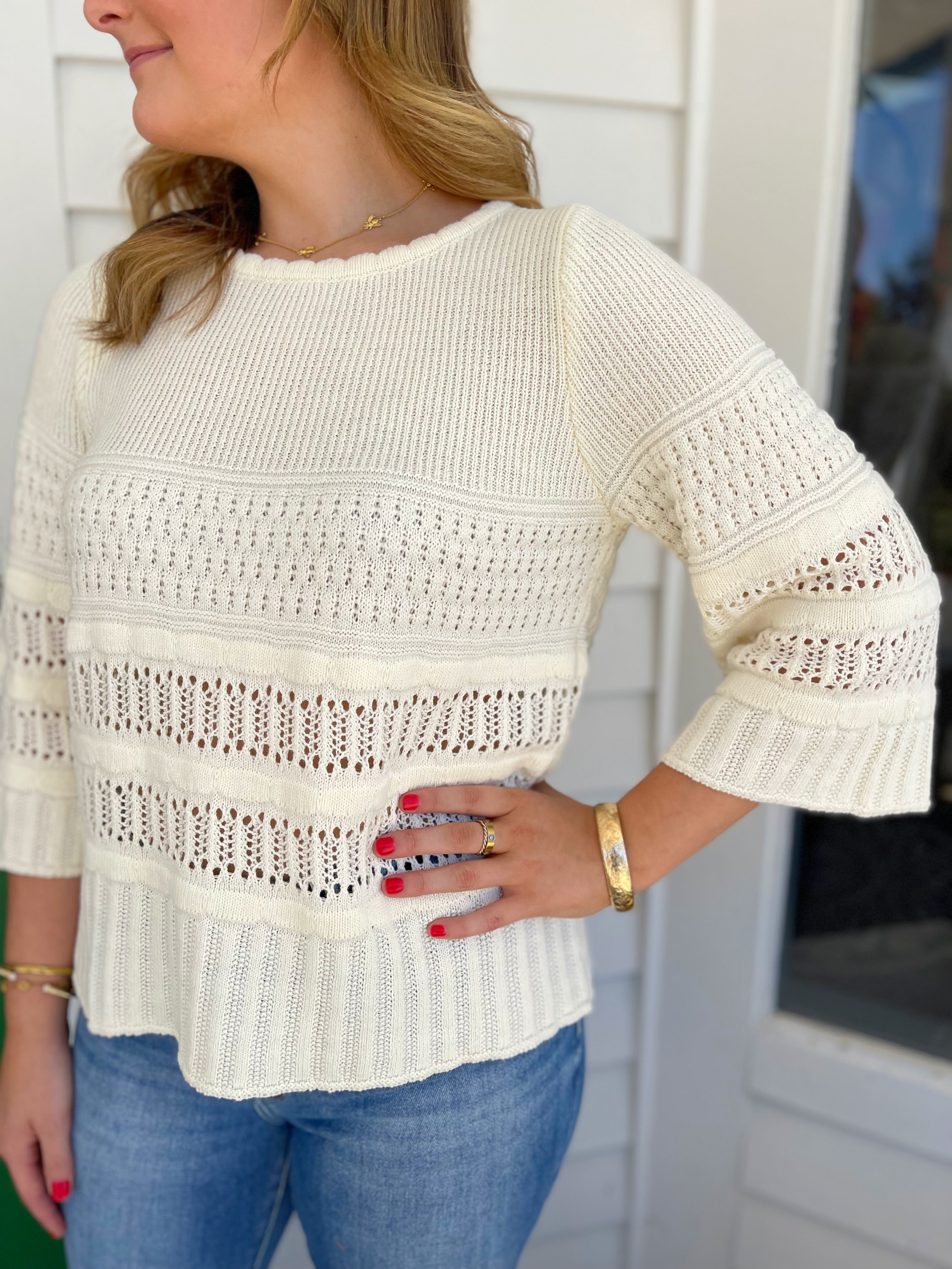 CREAM 3/4 SLEEVE CROCHET KNIT SWEATER TOP