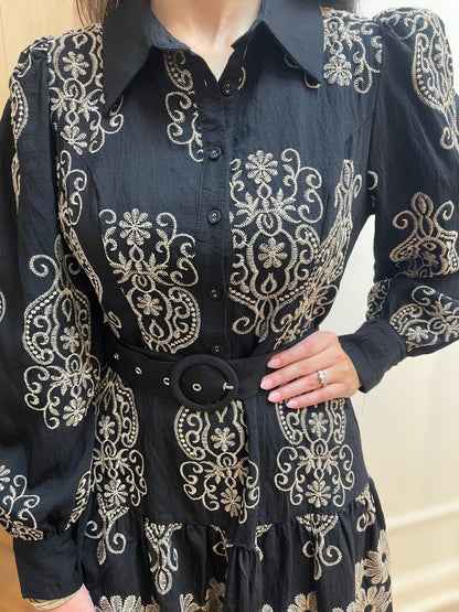 BLACK/IVORY EMBROIDERED LONG SLEEVE BUTTON UP MINI DRESS