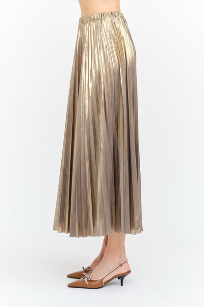GUNMETAL GOLD METALLIC LAME PLEATED ALESSANDRA MIDI SKIRT