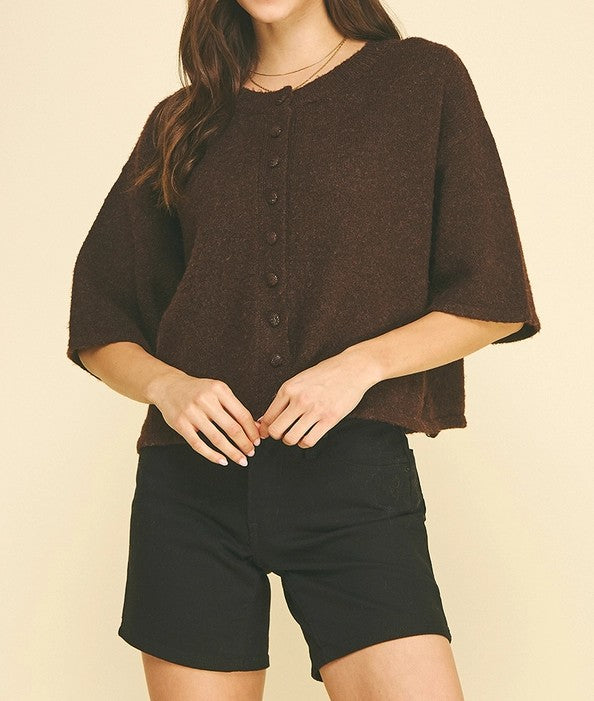 ESPRESSO BROWN BUTTON UP SHORT SLEEVE SWEATER