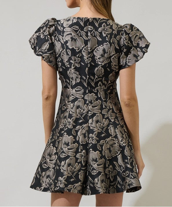 BLACK &amp; SILVER JACQUARD FLORAL PRINT FIT AND FLARE MINI DRESS