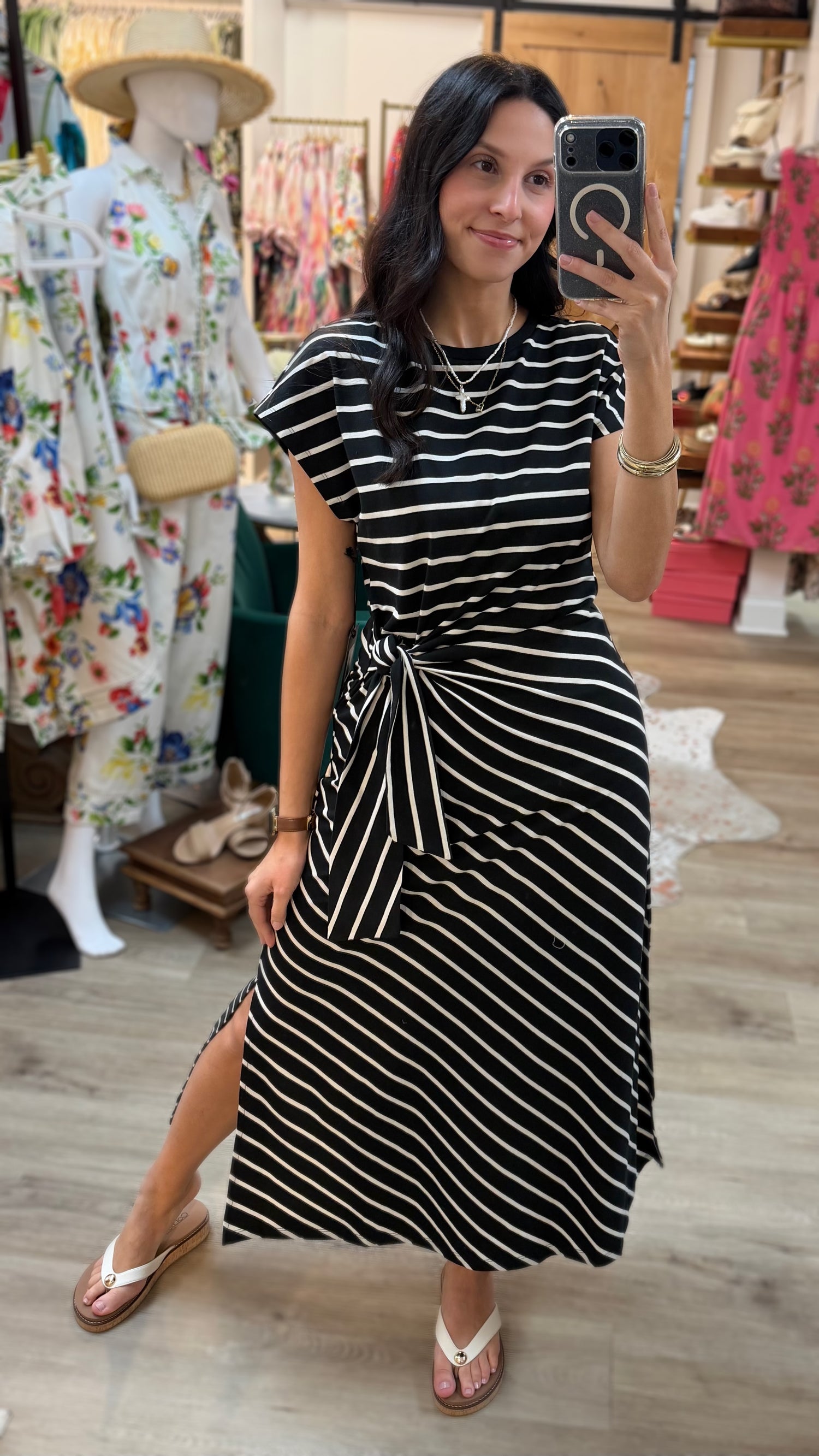 BLACK AND WHITE STRIPE WAIST TIE COTTON MAXI DRESS