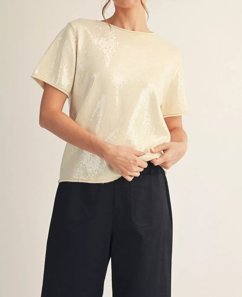 CREAM TINY SEQUIN SHORT SLEEVE SWEATER TOP