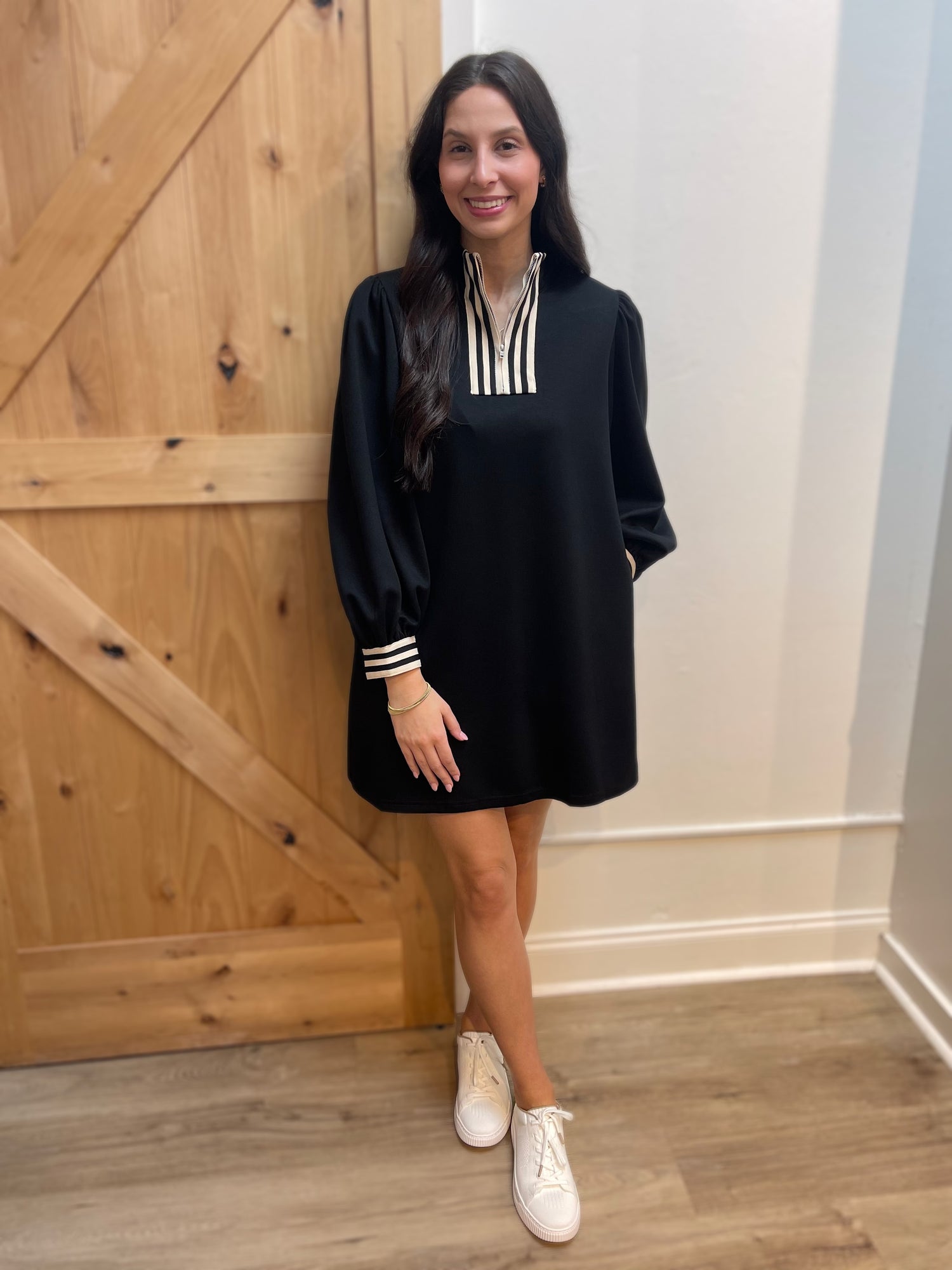 BLACK STRIPE CONTRAST DETAILING FRONT ZIP LONG PUFF SLEEVE MINI DRESS