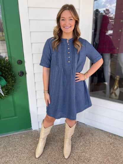 MIDNIGHT BLUE HALF BUTTON DOWN PINTUCK MINI DRESS