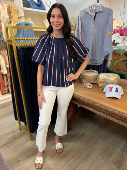 NAVY USA STRIPE BALLOON SLEEVE TOP