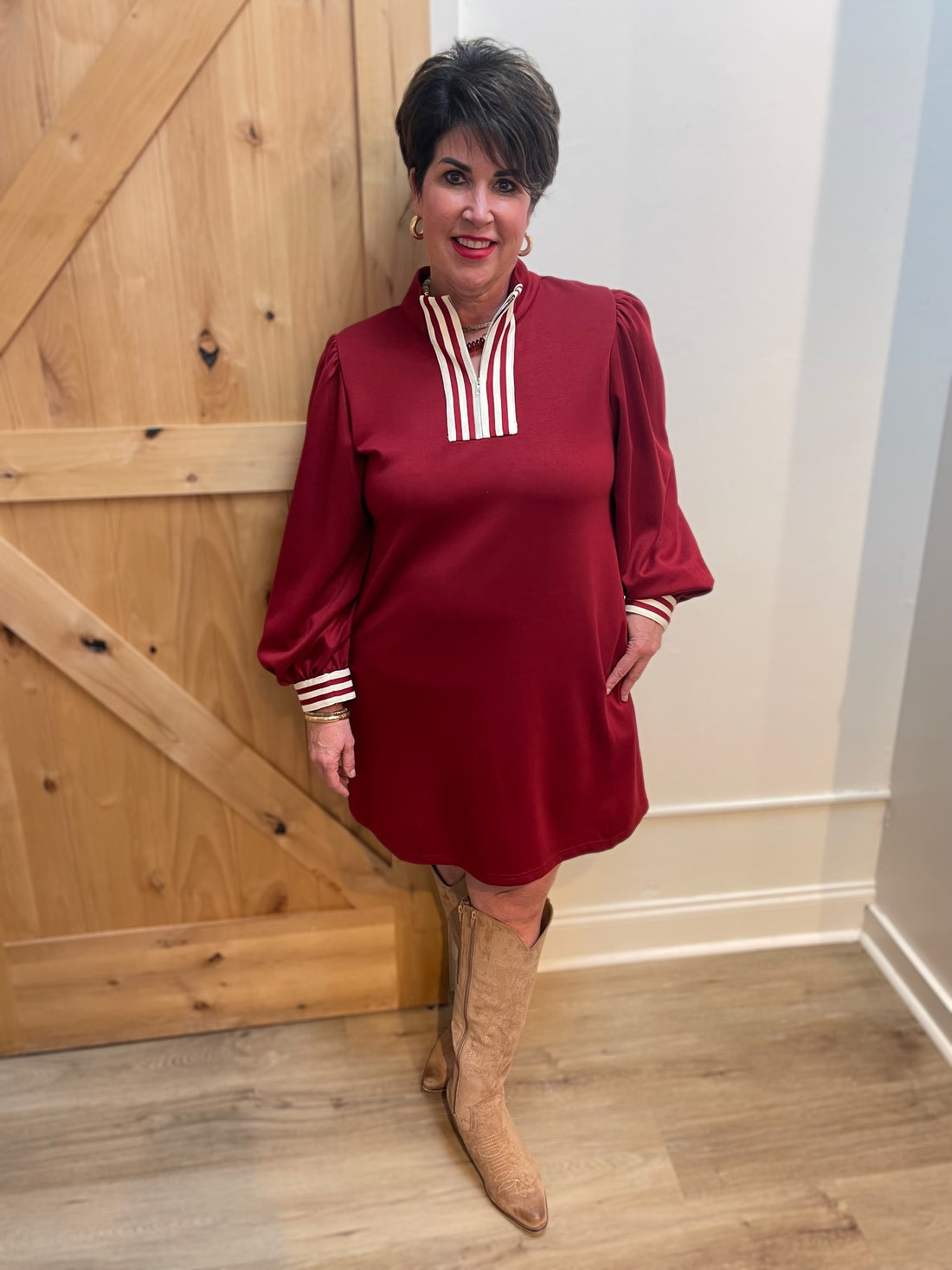 BURGUNDY STRIPE CONTRAST DETAILING FRONT ZIP LONG PUFF SLEEVE MINI DRESS