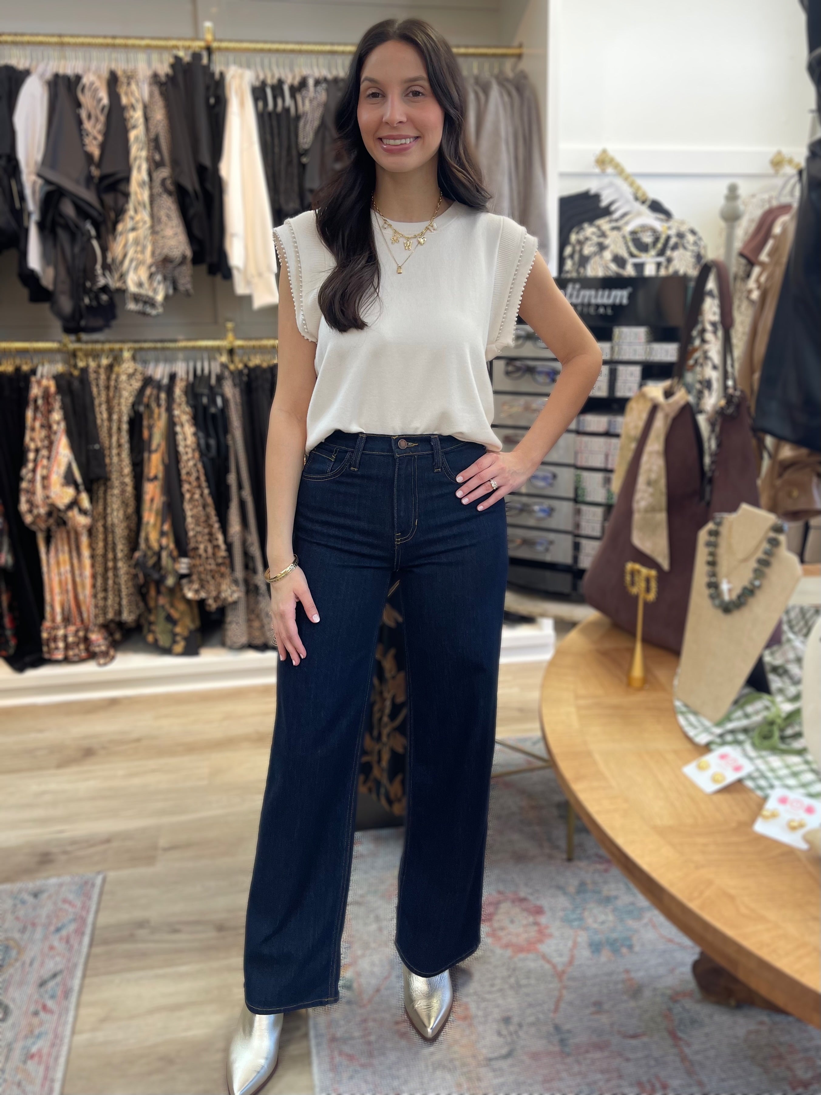 IVORY PEARL TRIM SLEEVELESS SWEATER TOP
