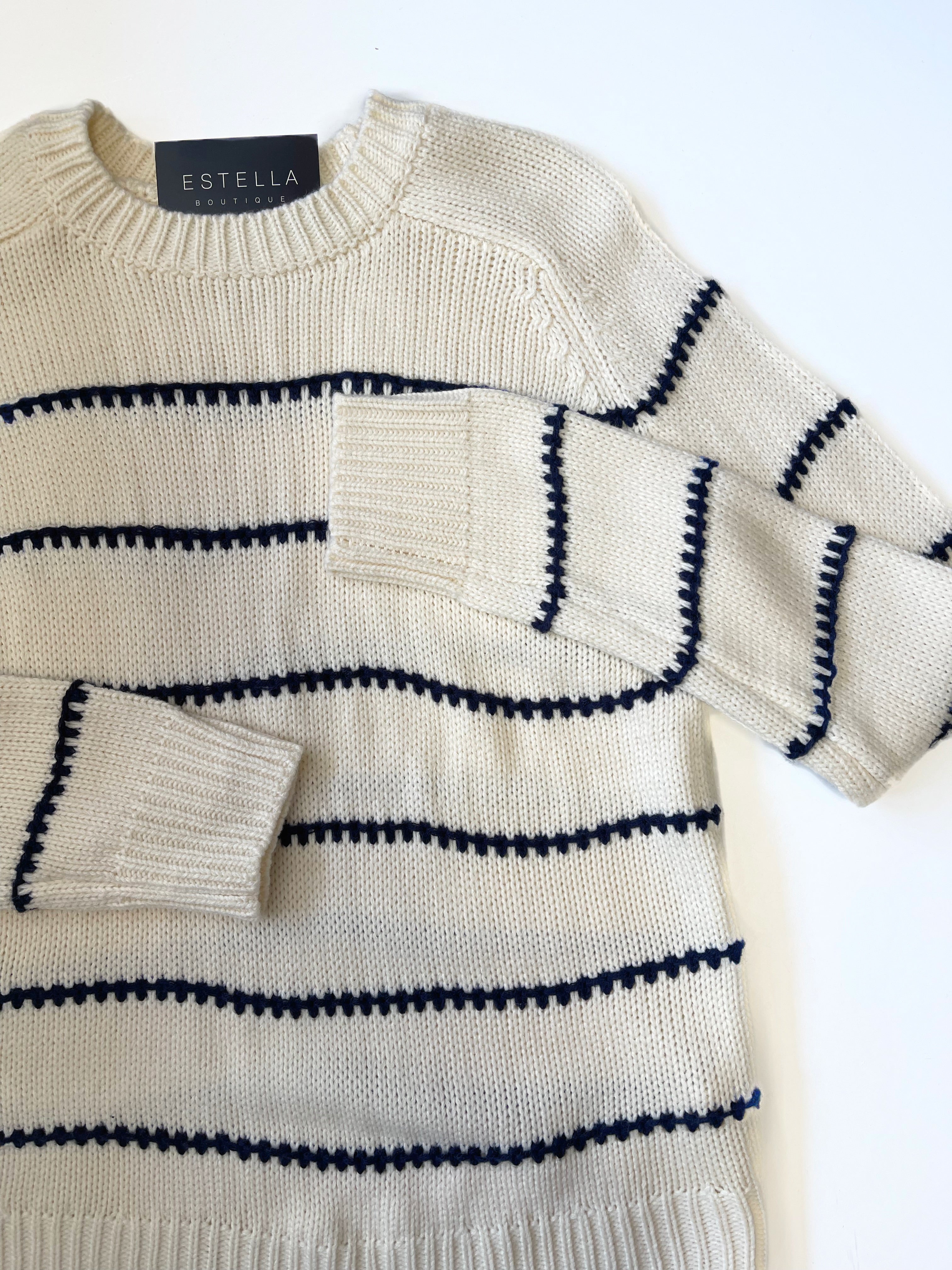 IVORY/NAVY STRIPED BLANKET STITCH LONG SLEEVE SWEATER