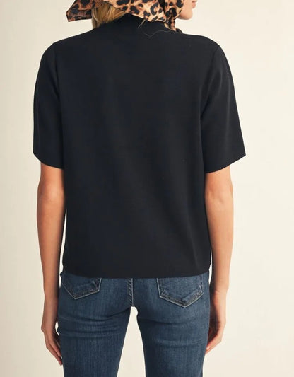 BLACK MOCK NECK SHORT SLEEVE KNIT TOP