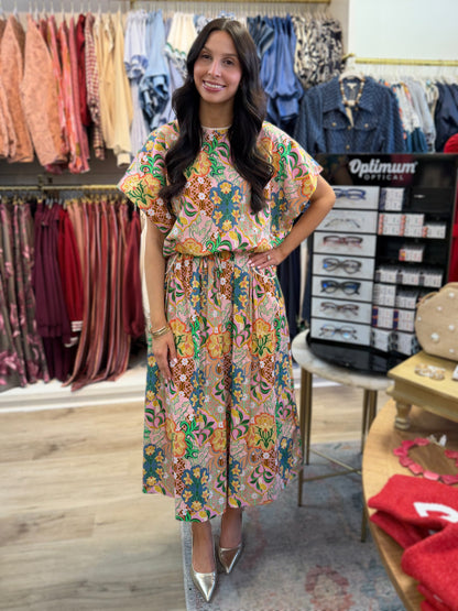 PINK MULTI FLOWER PRINT BUBBLE TOP/MIDI SKIRT SET