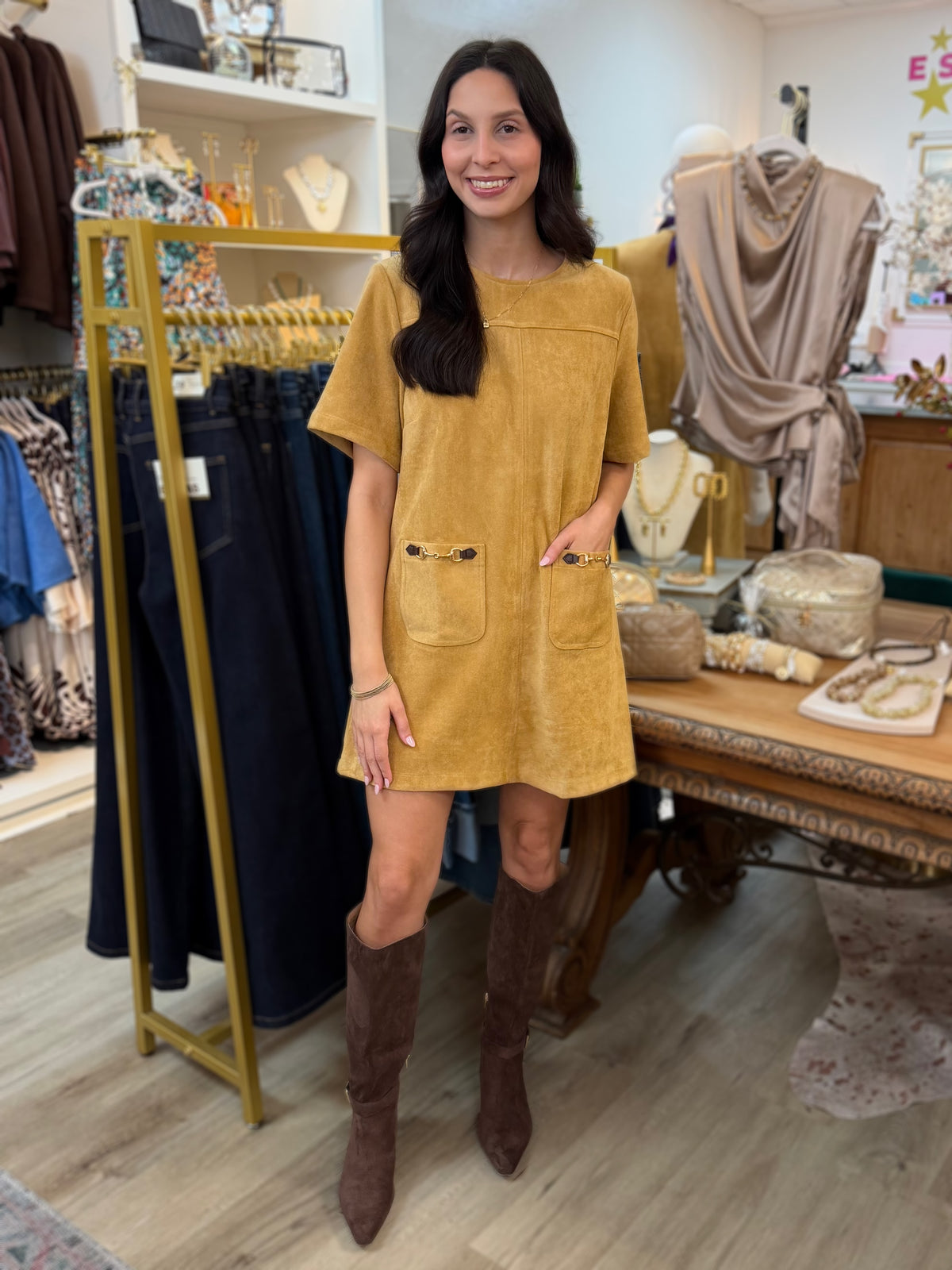 GOLD SUEDE HORSE-BIT DETAIL PATCH POCKET SHORT SLEEVE MINI DRESS