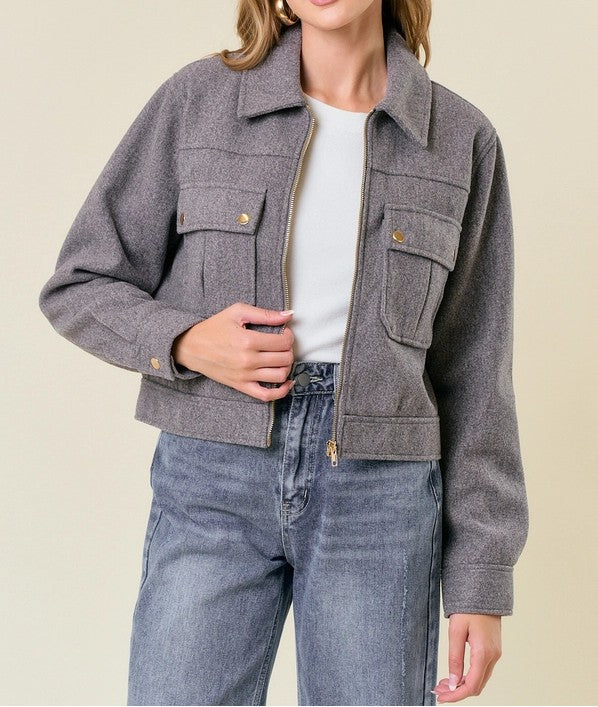 CHARCOAL GREY COLLLARED NECK LONG SLEEVE ZIP UP JACKET