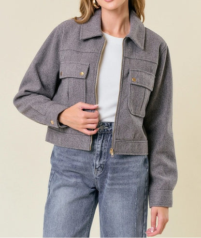 CHARCOAL GREY COLLLARED NECK LONG SLEEVE ZIP UP JACKET