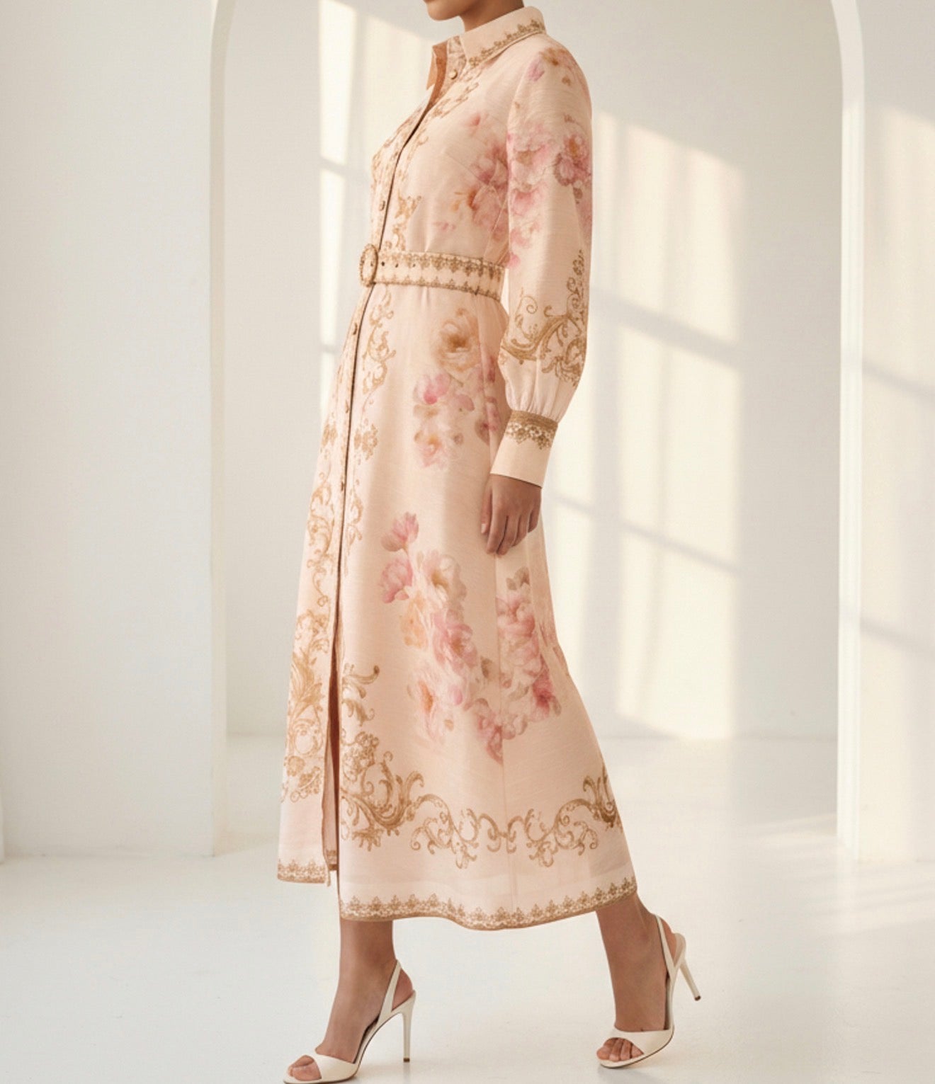 BEIGE MULTI FLORAL PRINT SHEER LONG SLEEVE BELTED BUTTON UP MAXI DRESS