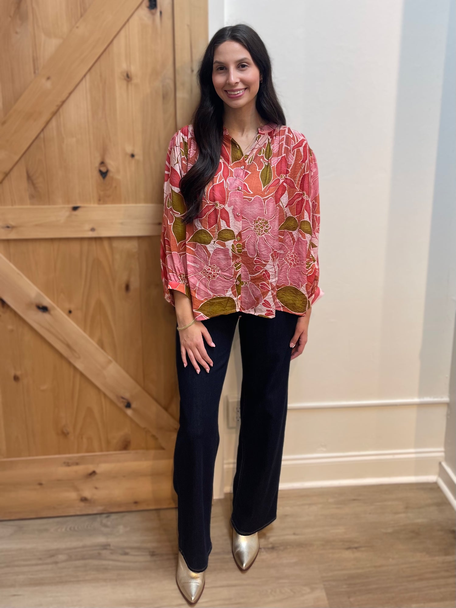 CORAL FLORAL PRINT BATWING LONG SLEEVE BLOUSE