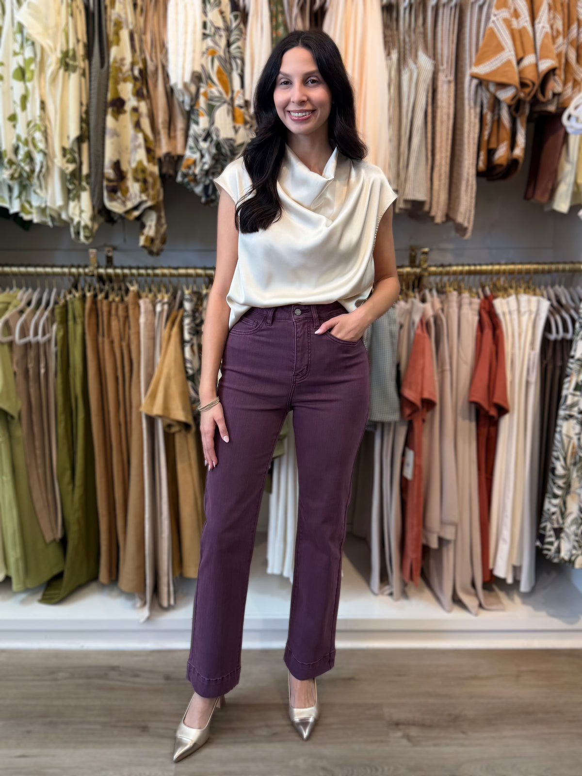 CHAMPAGNE SATIN COWL NECK SLEEVELESS TOP