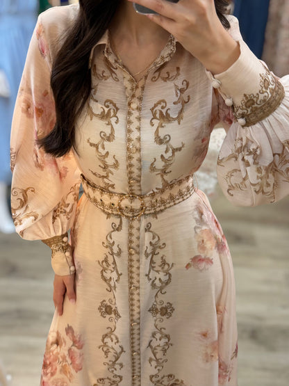 BEIGE MULTI FLORAL PRINT SHEER LONG SLEEVE BELTED BUTTON UP MAXI DRESS
