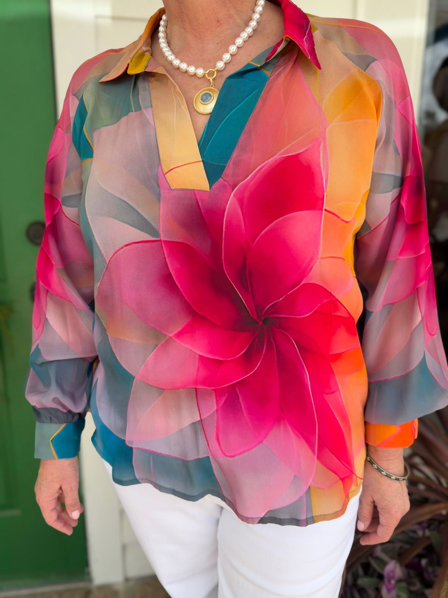 BRIGHT PINK MULTI FLORAL BLOOM PRINT HALF PLACKET LONG SLEEVE PULLOVER TOP