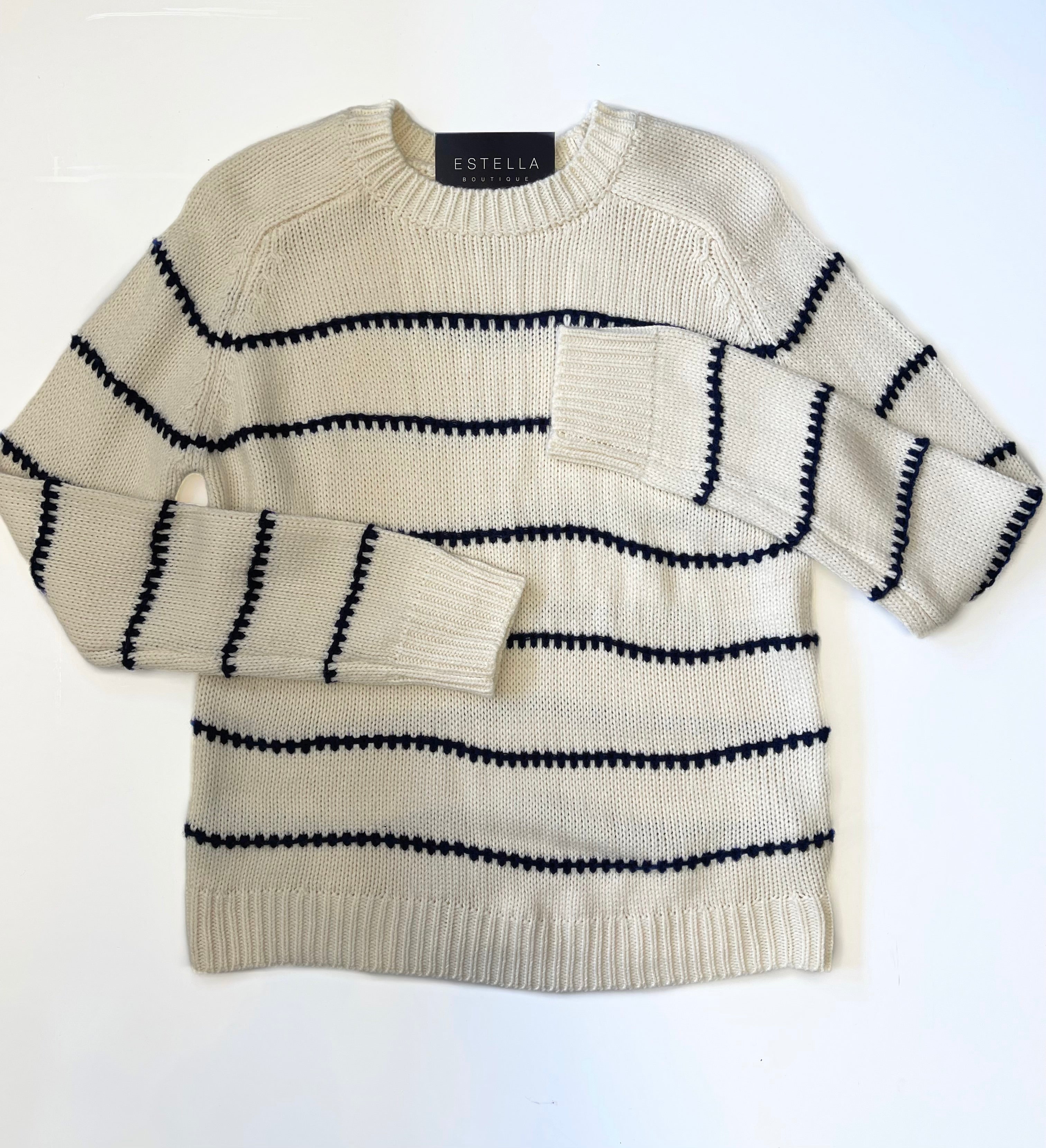 IVORY/NAVY STRIPED BLANKET STITCH LONG SLEEVE SWEATER