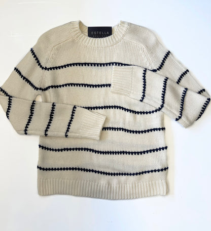 IVORY/NAVY STRIPED BLANKET STITCH LONG SLEEVE SWEATER