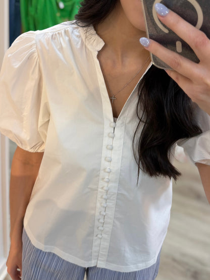 OFF WHITE RUFFLED COLLAR PUFF SLEEVE BUTTON UP TOP